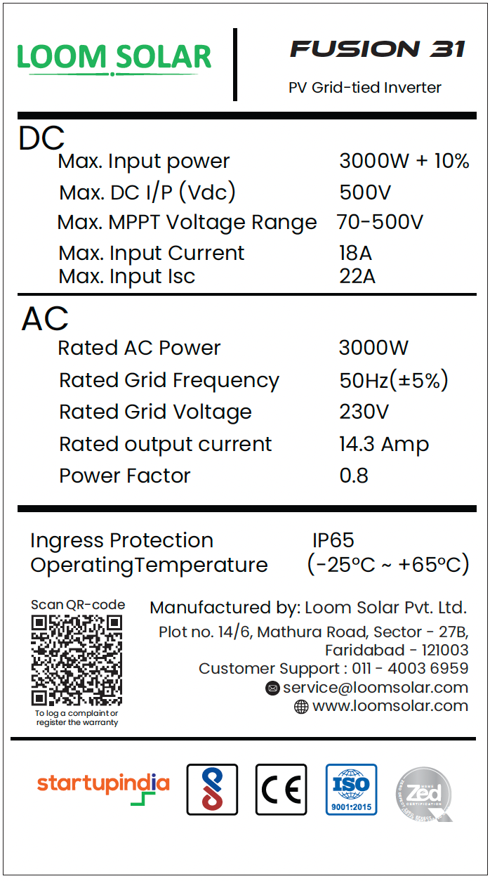 Fusion 3 kw, 1 ø on grid solar inverter