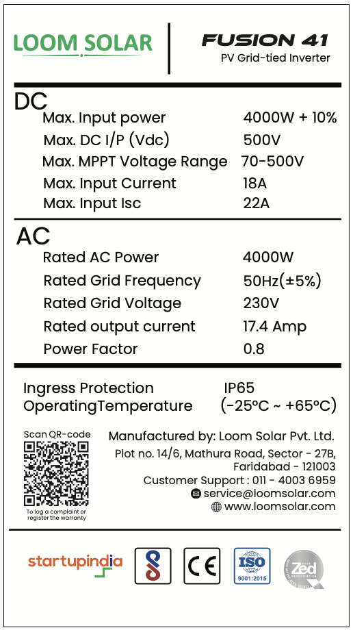 Fusion 4 kw, 1 ø on grid solar inverter